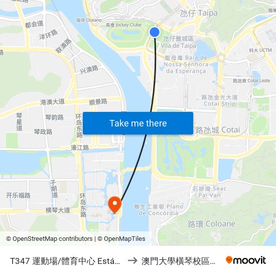 T347 運動場/體育中心 Estádio / Centro Desportivo to 澳門大學橫琴校區中央教學樓東四座 map