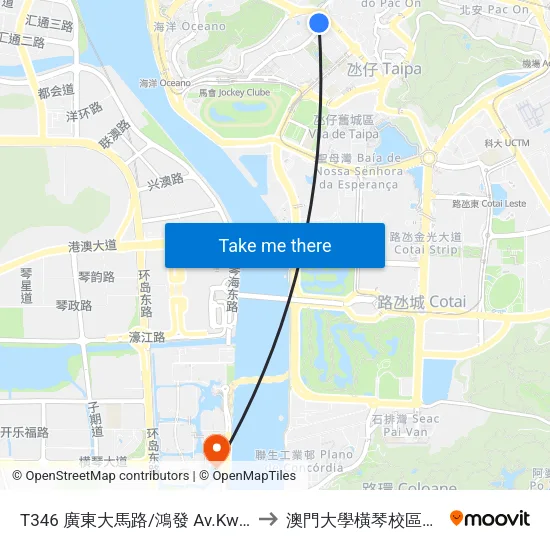 T346 廣東大馬路/鴻發 Av.Kwong Tung/ Edf. Hung Fat to 澳門大學橫琴校區中央教學樓東四座 map