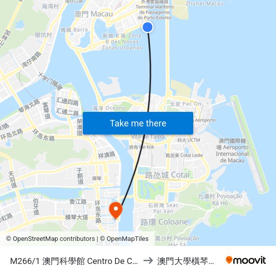 M266/1 澳門科學館 Centro De Ciência De Macau, Macao Science Center to 澳門大學橫琴校區中央教學樓東四座 map