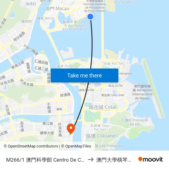 M266/1 澳門科學館 Centro De Ciência De Macau, Macao Science Center to 澳門大學橫琴校區中央教學樓東四座 map