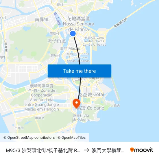 M95/3 沙梨頭北街/筷子基北灣 Rua Norte Do Patane/Bacia Norte Do Patane to 澳門大學橫琴校區中央教學樓東四座 map