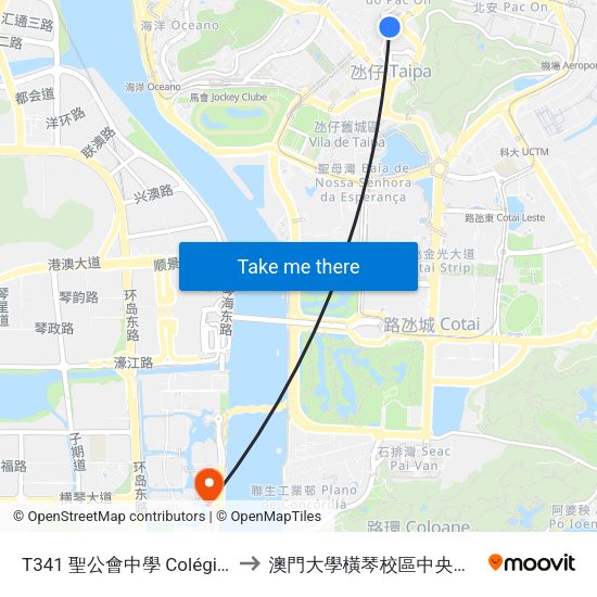T341 聖公會中學 Colégio Anglicano to 澳門大學橫琴校區中央教學樓東四座 map