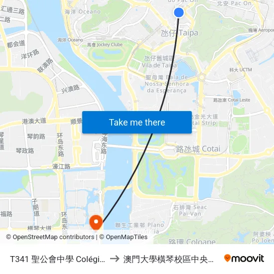 T341 聖公會中學 Colégio Anglicano to 澳門大學橫琴校區中央教學樓東四座 map