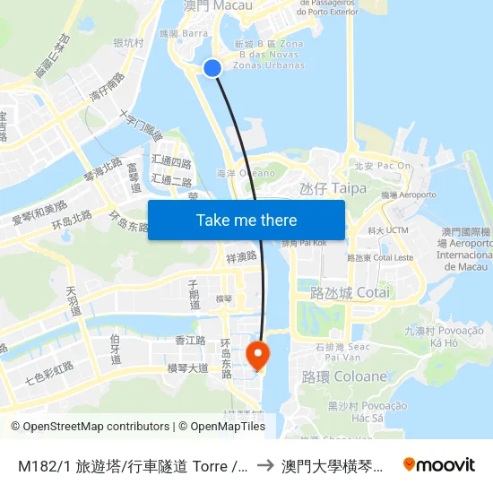 M182/1 旅遊塔/行車隧道 Torre / Túnel Rodoviário, Macau Tower / Tunnel to 澳門大學橫琴校區中央教學樓東四座 map