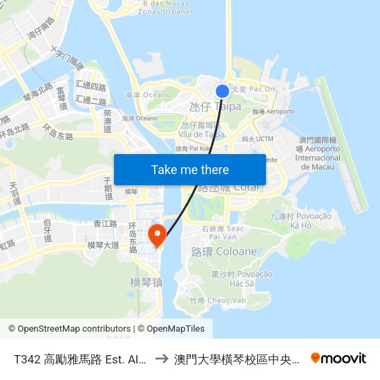 T342 高勵雅馬路 Est. Alm. M. Correia to 澳門大學橫琴校區中央教學樓東四座 map