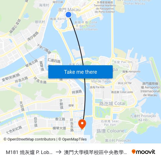 M181 燒灰爐 P. Lobo Ávila to 澳門大學橫琴校區中央教學樓東四座 map