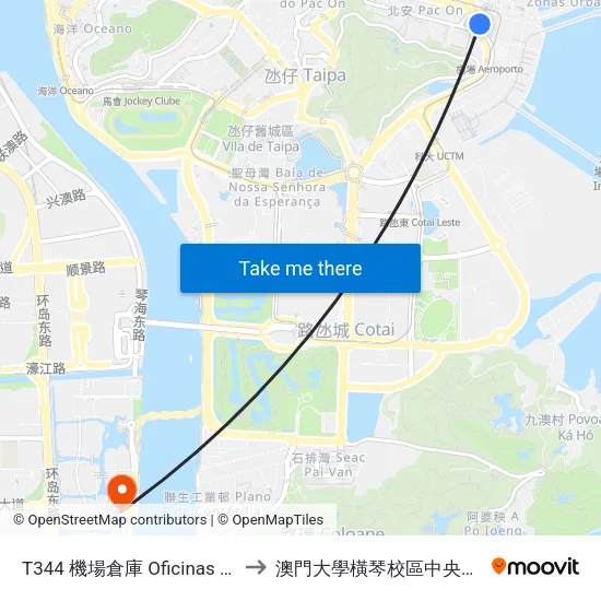 T344 機場倉庫 Oficinas Do Aeroporto to 澳門大學橫琴校區中央教學樓東四座 map