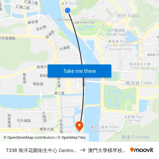 T338 海洋花園衛生中心 Centro De Saúde Dos Jardins Do Oceano to 澳門大學橫琴校區中央教學樓東四座 map