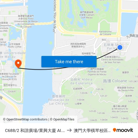C688/2 和諧廣場/業興大廈 Al. Da Harmonia / Edf. Ip Heng to 澳門大學橫琴校區中央教學樓東四座 map