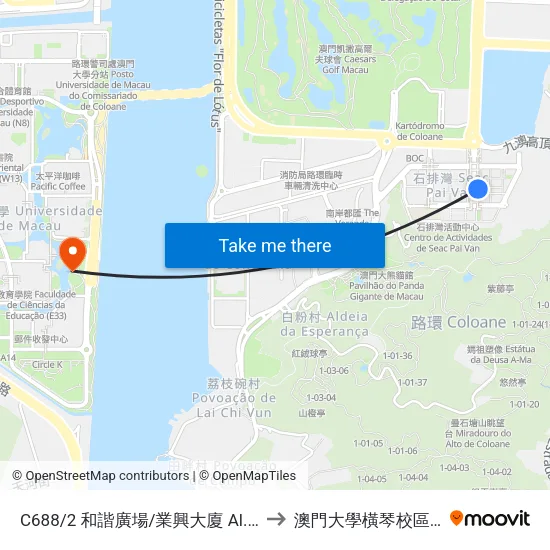 C688/2 和諧廣場/業興大廈 Al. Da Harmonia / Edf. Ip Heng to 澳門大學橫琴校區中央教學樓東四座 map