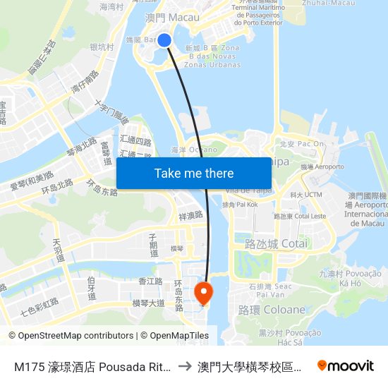 M175 濠璟酒店 Pousada Ritz, Riviera Hotel Macau to 澳門大學橫琴校區中央教學樓東四座 map