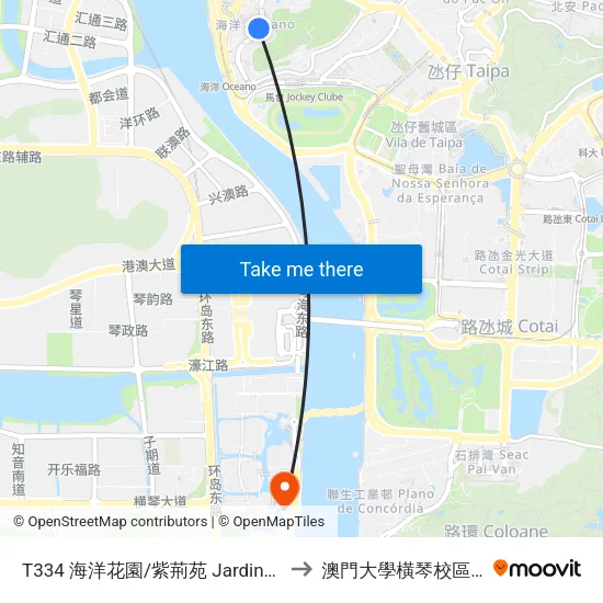T334 海洋花園/紫荊苑 Jardins Do Oceano/ Bauhina Court to 澳門大學橫琴校區中央教學樓東四座 map