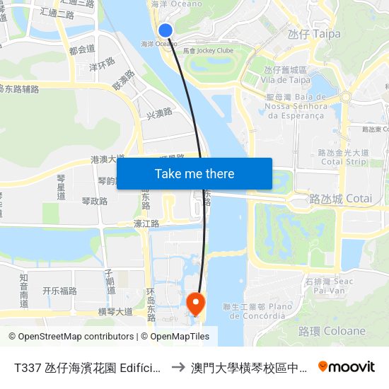 T337 氹仔海濱花園 Edifício Jardim Beira-Mar to 澳門大學橫琴校區中央教學樓東四座 map