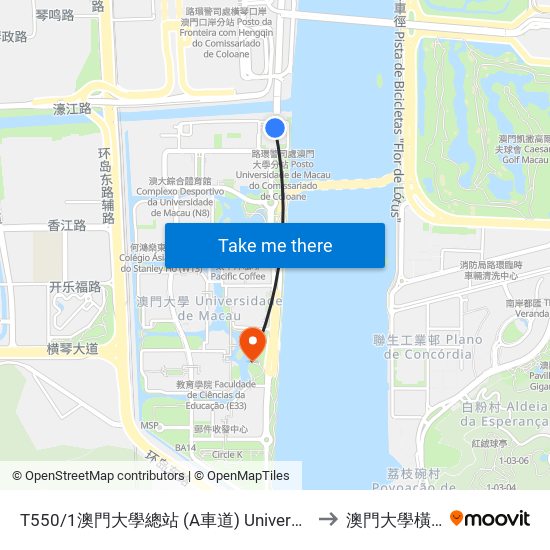 T550/1澳門大學總站 (A車道) Universidade De Macau/ Terminal, University Of Macau / Terminal (Via / Lane A) to 澳門大學橫琴校區中央教學樓東四座 map
