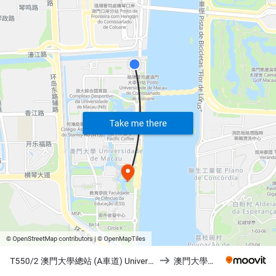 T550/2 澳門大學總站 (A車道) Universidade De Macau/ Terminal, University Of Macau / Terminal (Via / Lane A) to 澳門大學橫琴校區中央教學樓東四座 map