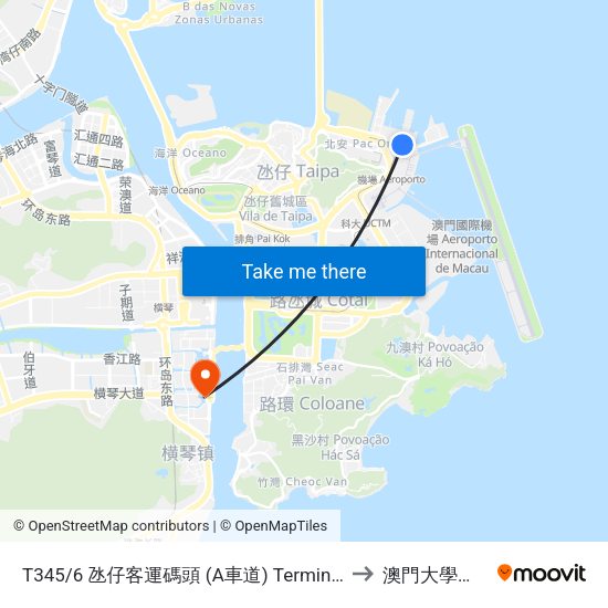 T345/6 氹仔客運碼頭 (A車道) Terminal Marítimo De Passageiros Da Taipa, Taipa Ferry Terminal (Via / Lane A) to 澳門大學橫琴校區中央教學樓東四座 map