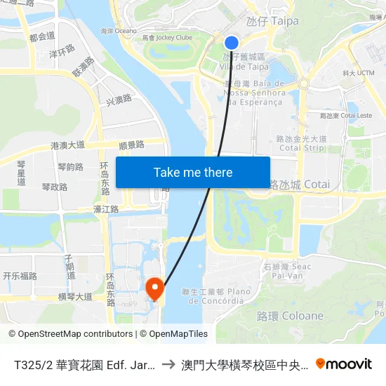 T325/2 華寶花園 Edf. Jardim De Va Pou to 澳門大學橫琴校區中央教學樓東四座 map