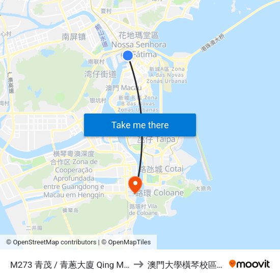 M273 青茂 / 青蔥大廈 Qing Mao / Edifício Cheng Chong to 澳門大學橫琴校區中央教學樓東四座 map