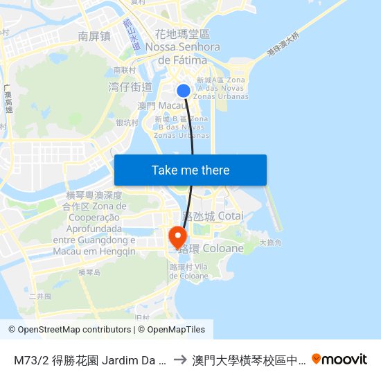 M73/2 得勝花園 Jardim Da Vitória, Vitory Garden to 澳門大學橫琴校區中央教學樓東四座 map