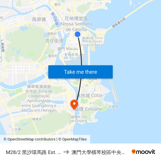 M28/2 黑沙環馬路 Est. Areia Preta to 澳門大學橫琴校區中央教學樓東四座 map