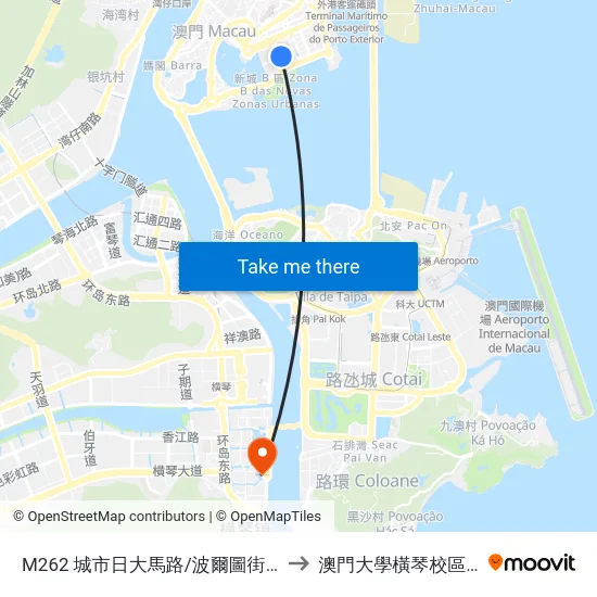 M262 城市日大馬路/波爾圖街 Av.24 De Junho/R.Do.Porto to 澳門大學橫琴校區中央教學樓東四座 map