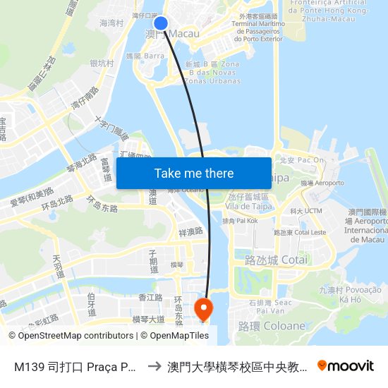 M139 司打口 Praça Ponte Horta to 澳門大學橫琴校區中央教學樓東四座 map