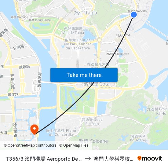 T356/3 澳門機場 Aeroporto De Macau, Macau International Airport to 澳門大學橫琴校區中央教學樓東四座 map