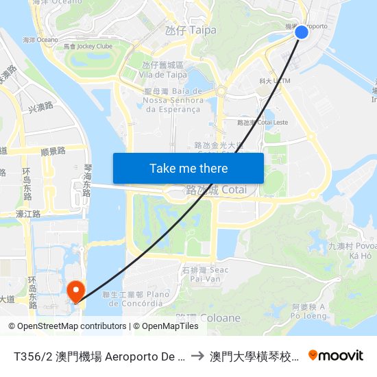 T356/2 澳門機場 Aeroporto De Macau, Macau International Airport to 澳門大學橫琴校區中央教學樓東四座 map