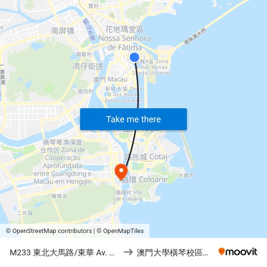 M233 東北大馬路/東華 Av. Nordeste/ Edf. Tong Wa to 澳門大學橫琴校區中央教學樓東四座 map