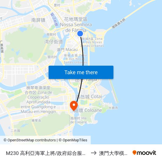 M230 高利亞海軍上將/政府綜合服務大樓 Alm. Magalhães Correia/ Centro De Serviços Da Raem to 澳門大學橫琴校區中央教學樓東四座 map