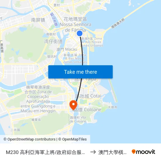M230 高利亞海軍上將/政府綜合服務大樓 Alm. Magalhães Correia/ Centro De Serviços Da Raem to 澳門大學橫琴校區中央教學樓東四座 map