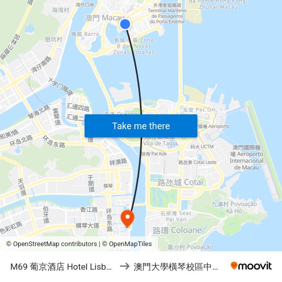 M69 葡京酒店 Hotel Lisboa, Lisboa Hotel to 澳門大學橫琴校區中央教學樓東四座 map