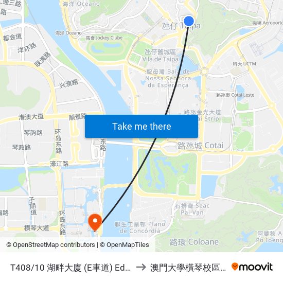 T408/10 湖畔大廈 (E車道) Edifício Do Lago (Via / Lane E) to 澳門大學橫琴校區中央教學樓東四座 map