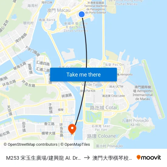 M253 宋玉生廣場/建興龍 Al. Dr. C. D’Assumpção / Kin Heng Long to 澳門大學橫琴校區中央教學樓東四座 map