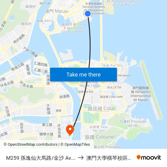 M259 孫逸仙大馬路/金沙 Av. Dr. Sun Yat-Sen/ Sands to 澳門大學橫琴校區中央教學樓東四座 map