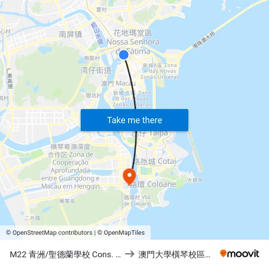 M22 青洲/聖德蘭學校 Cons. Borja/ Escola S. Teresa to 澳門大學橫琴校區中央教學樓東四座 map