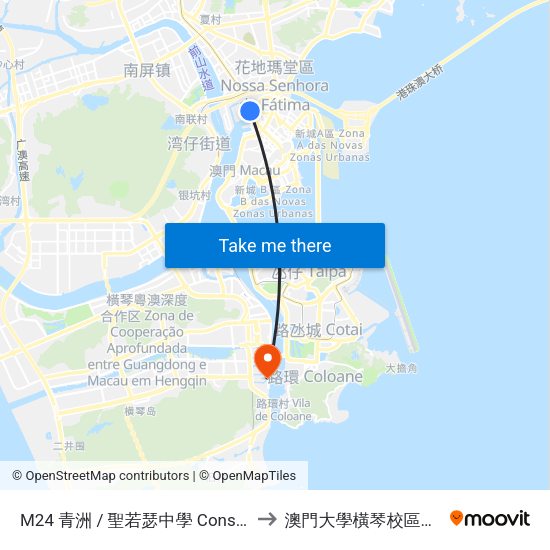 M24 青洲 / 聖若瑟中學 Cons. Borja / Colegio S. Jose to 澳門大學橫琴校區中央教學樓東四座 map