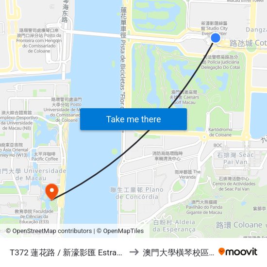 T372 蓮花路 / 新濠影匯 Estrada Flor De Lótus / Studio City to 澳門大學橫琴校區中央教學樓東四座 map