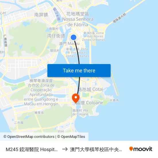 M245 鏡湖醫院 Hospital Kiang Wu to 澳門大學橫琴校區中央教學樓東四座 map