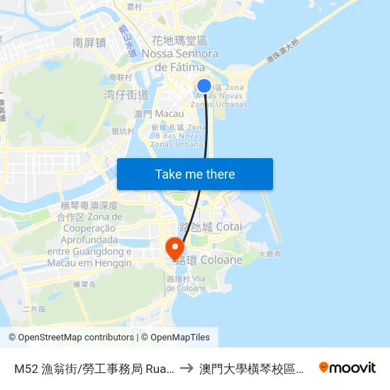 M52 漁翁街/勞工事務局 Rua Dos Pescadores/Dsal to 澳門大學橫琴校區中央教學樓東四座 map