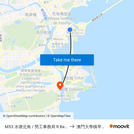 M53 水塘北角 / 勞工事務局 R Bend / Dsal, R Bend / Labour Affairs Bureau to 澳門大學橫琴校區中央教學樓東四座 map