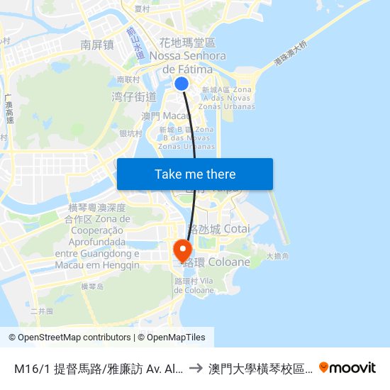 M16/1 提督馬路/雅廉訪 Av. Alm. Lacerda/ Ouvidor Arriaga to 澳門大學橫琴校區中央教學樓東四座 map