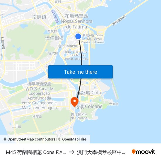 M45 荷蘭園栢蕙 Cons.F.Almeida/ Pak Wai to 澳門大學橫琴校區中央教學樓東四座 map