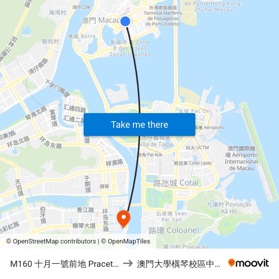 M160 十月一號前地  Praceta De 1 De Outubro to 澳門大學橫琴校區中央教學樓東四座 map