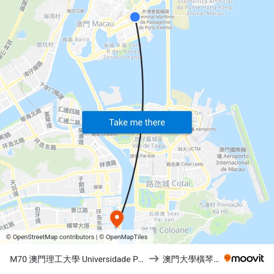 M70 澳門理工大學 Universidade Politécnica De Macau, Macao Polytechnic University to 澳門大學橫琴校區中央教學樓東四座 map