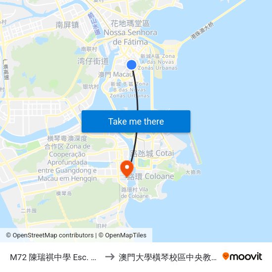 M72 陳瑞祺中學 Esc. Chan Sui Ki to 澳門大學橫琴校區中央教學樓東四座 map