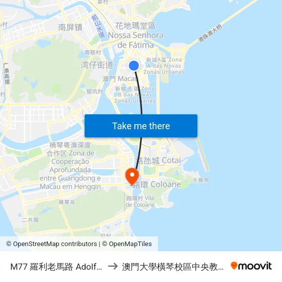M77 羅利老馬路 Adolfo Loureiro to 澳門大學橫琴校區中央教學樓東四座 map