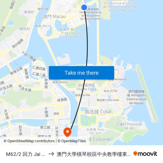 M62/2 回力 Jai Alai to 澳門大學橫琴校區中央教學樓東四座 map