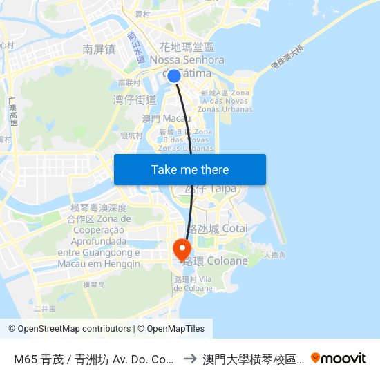 M65 青茂 / 青洲坊 Av. Do. Comendador Ho Yin / Qingmao to 澳門大學橫琴校區中央教學樓東四座 map