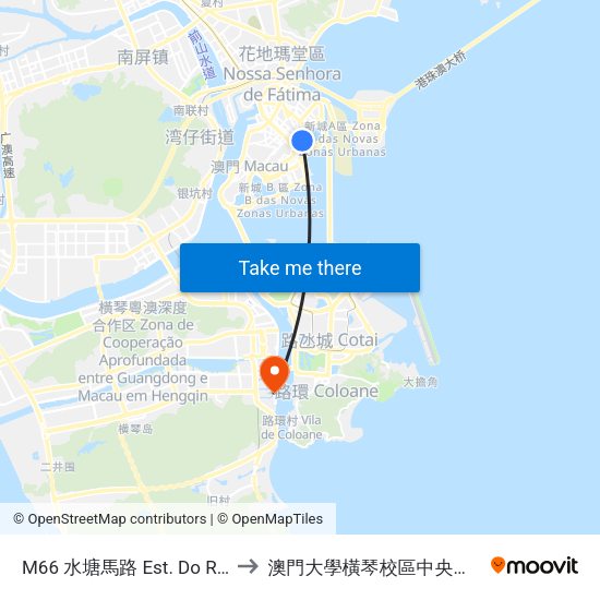 M66 水塘馬路 Est. Do Reservatório to 澳門大學橫琴校區中央教學樓東四座 map
